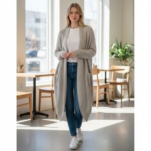 Aerie Open Front Longline Cardigan Tan Waffle Knit Duster XS/S